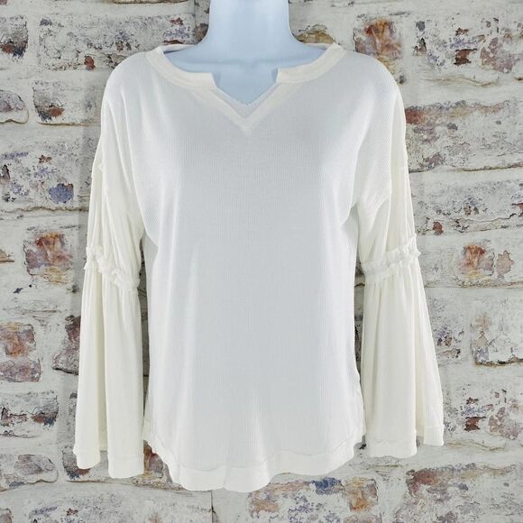 BAEA V-Neck Flare Sleeve Waffle Knit T-shirt In White Size Large - Picture 4 of 10